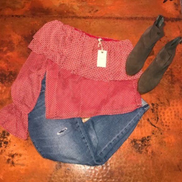 Lucky Brand Red Print One Shoulder Top - Size L - Picture 4 of 9